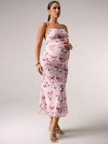 MaterniChic Pink Butterfly Print Romantic Cute Women's Sun Dress, Suitable For Brunch, Fall Wedding Guest, Homecoming, Date Night, Prom, Maternity