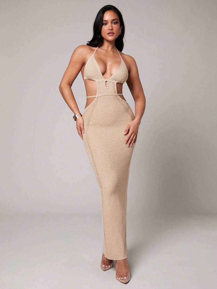 Silquee Cover Ups Black Crochet Sexy Deep V-Neck Hollow Slit Spring And Summer Holiday Clothes Mid-Length Women's Dress - Khaki - View 1