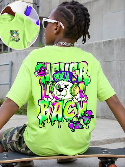 SHEIN T-shirt imprimé tricoté à col rond, mode décontractée pour garçon pré-adolescent