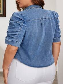 Áo khoác denim đơn hàng ngày tay bồng ngắn cỡ lớn dành cho nữ - Màu xanh lam - Xem 2