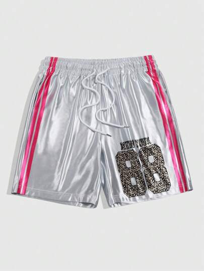 Herren glänzende silberne Buchstaben- & Leoparden-Muster Shorts mit Zugband in der Taille, Modestil