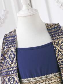 2pcs/Set Young Girl Foil Floral Print Sleeveless Jacket And Dress Set - Royal Blue - View 3