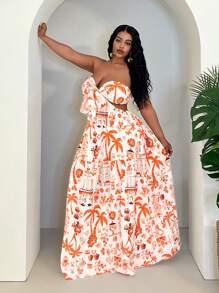 Slaydiva Plus Size Women Holiday Hollow Out Waist Floral Print Strapless Dress