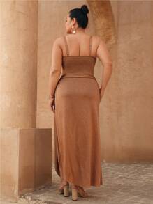 Swim Oasis Plus Size Women's Solid Color 2pcs Elegant Glittered One-Piece Swimsuit With Adjustable Strap + Glittered Waist Belt Cover Up Skirt, For Summer Beach Vacation