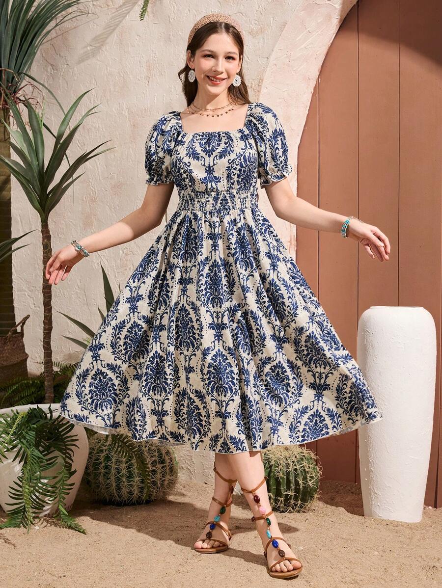 少女印花图案泡泡袖迷你连衣裙，腰部褶皱，合身夏季休闲度假连衣裙 - 彩色 - 查看 1