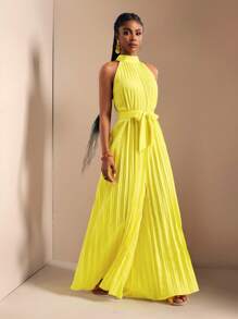 Zivah 2025Mùa xuân và mùa hè phong cách mới thường ngày kỳ nghỉ nhỏ không tay cổ đứng xếp ly quần ống rộng siêu dài thắt lưng nơ màu vàng bộ đồ liền thân cho nữ-M, thích hợp cho lễ hội âm nhạc, lễ Phục sinh, đám cưới, phong cách Boho, phong cách phương Tây, sinh nhật, lễ tốt nghiệp, sinh viên, trang phục thường ngày, phù hợp với mọi phong cách, giải trí, du lịch du ngoạn, bãi biển, tắm nắng, vải có họa tiết - Màu vàng - Xem 5