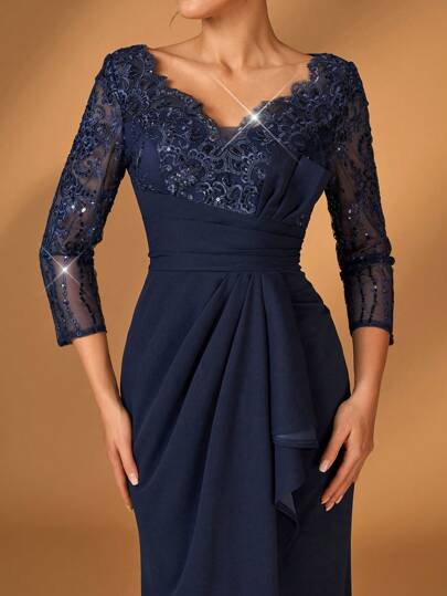 Serin Robe élégante et luxueuse à manches longues transparentes, avec broderie, patchwork de dentelle pailletée, volants et ourlet sirène. Convient pour le mariage, la fête, les vacances, le bal de promo, la robe de cérémonie de la mère de la mariée