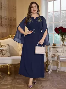 Modelyn Vestito taglie forti con scollo a V, in chiffon e maglia, patchwork, ricamato, a campana, con laccio in vita, elegante e snellente