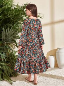 SHEIN Vestido elegante de manga larga con escote en V, cintura ajustada y estampado floral pequeño para niña preadolescente. Vestido de largo midi, color verde, estilo campestre, estilo casual de vacaciones. Conjunto a juego para mamá e hija.