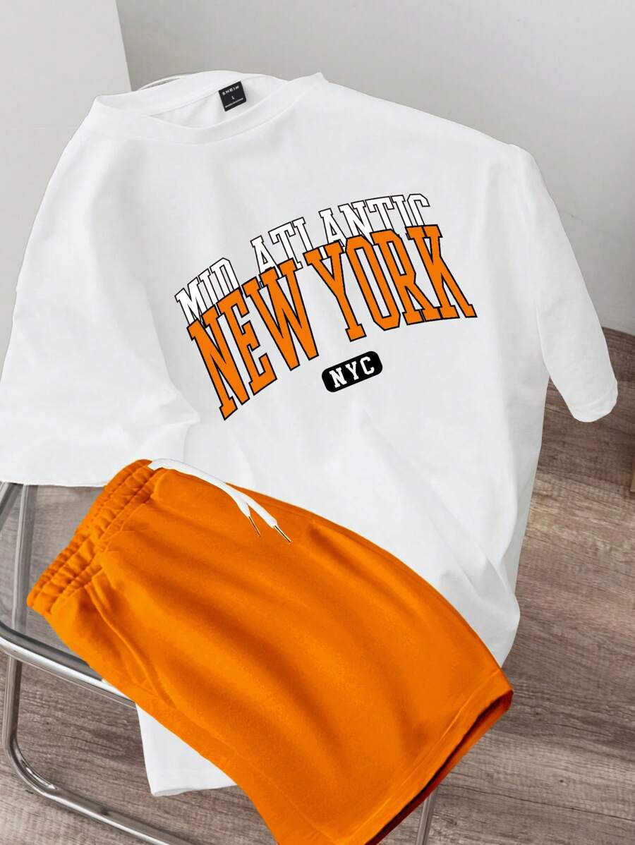 Manfinity Joysei Men's Standard White Top & Orange Shorts 2 Pieces Set - Multicolor - View 1