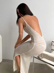 Aloruh Minimalist Stylish Backless Summer Knit Sun-Protective Dress - Apricot - View 2