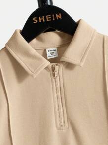 SHEIN Tween Boy 1/4 拉链 Polo 衫，纯色罗纹修身休闲轻便，适合日常穿着，夏季 - 卡其色 - 查看 4