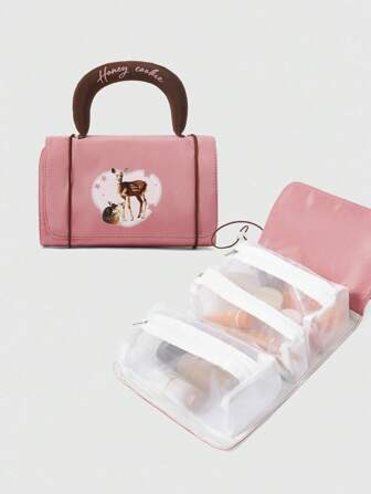 Kawaii Nylon bestickter 3-in-1 abtrennbarer Reise-Kulturbeutel, großräumiger faltbarer Organizer-Beutel
