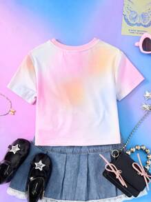THE POWERPUFF GIRLS X SHEIN Tee-shirt à manches courtes pour bébé fille avec un joli motif de fleurs, de bulles et de boutons d'or en tie dye rose