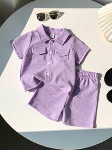 SHEIN Genkimix Kids 2pcs/Set Baby Boy/Girl Purple Collar Short Sleeve Shirt And Shorts Textured Fabric Outfit, Suitable For Baby To Wear In Summer For Playing, Vacation, Picnic, Easy To Put On And Take Off Toddler Summer Clothes Toddler Summer Boy Clothes