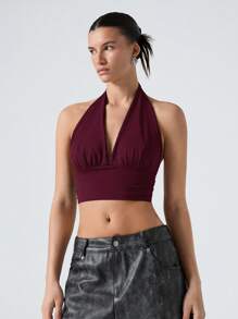 LYSMO 1pc Women Deep V-Neck Pleated Cropped Fitted Sexy Halter Tank Top - Red Violet - View 5