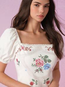 SHEIN MOD 女士简约印花方领短款泡泡袖度假时尚衬衫、波西米亚衬衫、乡村衬衫、早午餐、夏季衬衫、女士海滩