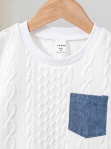 SHEIN Genkimix Kids 2pcs Young Boy Soft Knit Wavy Crew Neck Short Sleeve Tee & Ripped Denim Shorts Set, Suitable For Outdoor & Street Wear - Multicolor - View 8