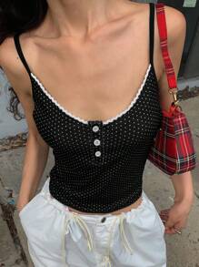 DAZY Lace Patchwork Polka Dot Print V-Neck Women Camisole Tank Top