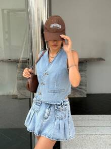 SHEIN EZwear 女士单排扣 V 领休闲百搭牛仔背心夹克 - 藍色 - 查看 5