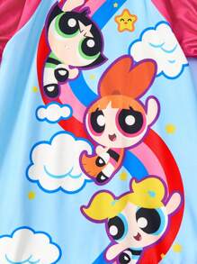 THE POWERPUFF GIRLS X SHEIN 年轻女孩甜美休闲花朵、泡泡、毛茛印花撞色荷叶边下摆睡袍，适合春夏季