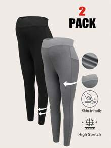 SHEIN Maternity Skinny Pants Black Gray Assorted Mesh Contrast Adjustable Waist Pregnant Women Solid Color High Elasticity Leggings, Suitable For Daily Casual Wear