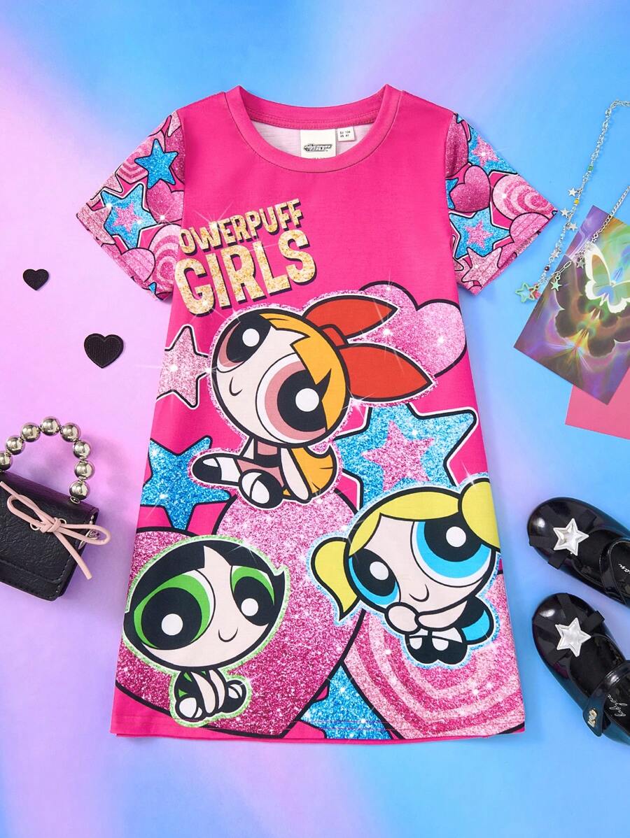 THE POWERPUFF GIRLS X SHEIN Young Girl Heart & Star Cartoon Fun Print Round Neck A-Line Knit Dress - Pink - View 1