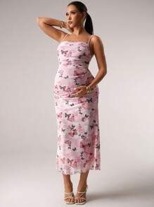 MaterniChic Pink Butterfly Print Romantic Cute Women's Sun Dress, Suitable For Brunch, Fall Wedding Guest, Homecoming, Date Night, Prom, Maternity