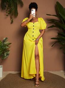 Maweii Plus Size Women Casual Yellow Open Shoulder Puff Sleeve Dress - Yellow - View 3