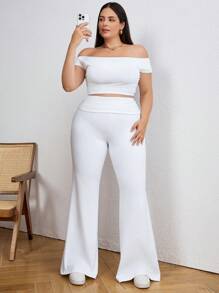 SHEIN Tall CURVE Plus Size Solid Color Off Shoulder Cropped Top Flared Pants Two Pieces Set - White - View 3