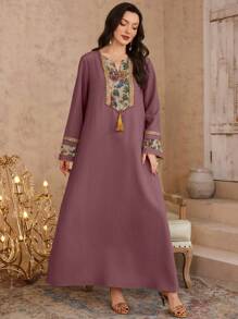 Al Najma Women's Spring/Summer 3D Floral Pattern Tunic Dress & Traditional Long Dress, Modest Kaftan - Red Violet - View 4