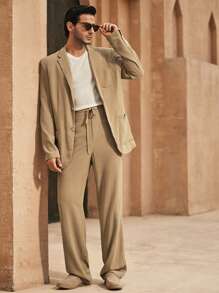 Manfinity VCAY 2 件套男士梭织修身休闲西装套装，适合日常办公室穿着 - 卡其色 - 查看 1