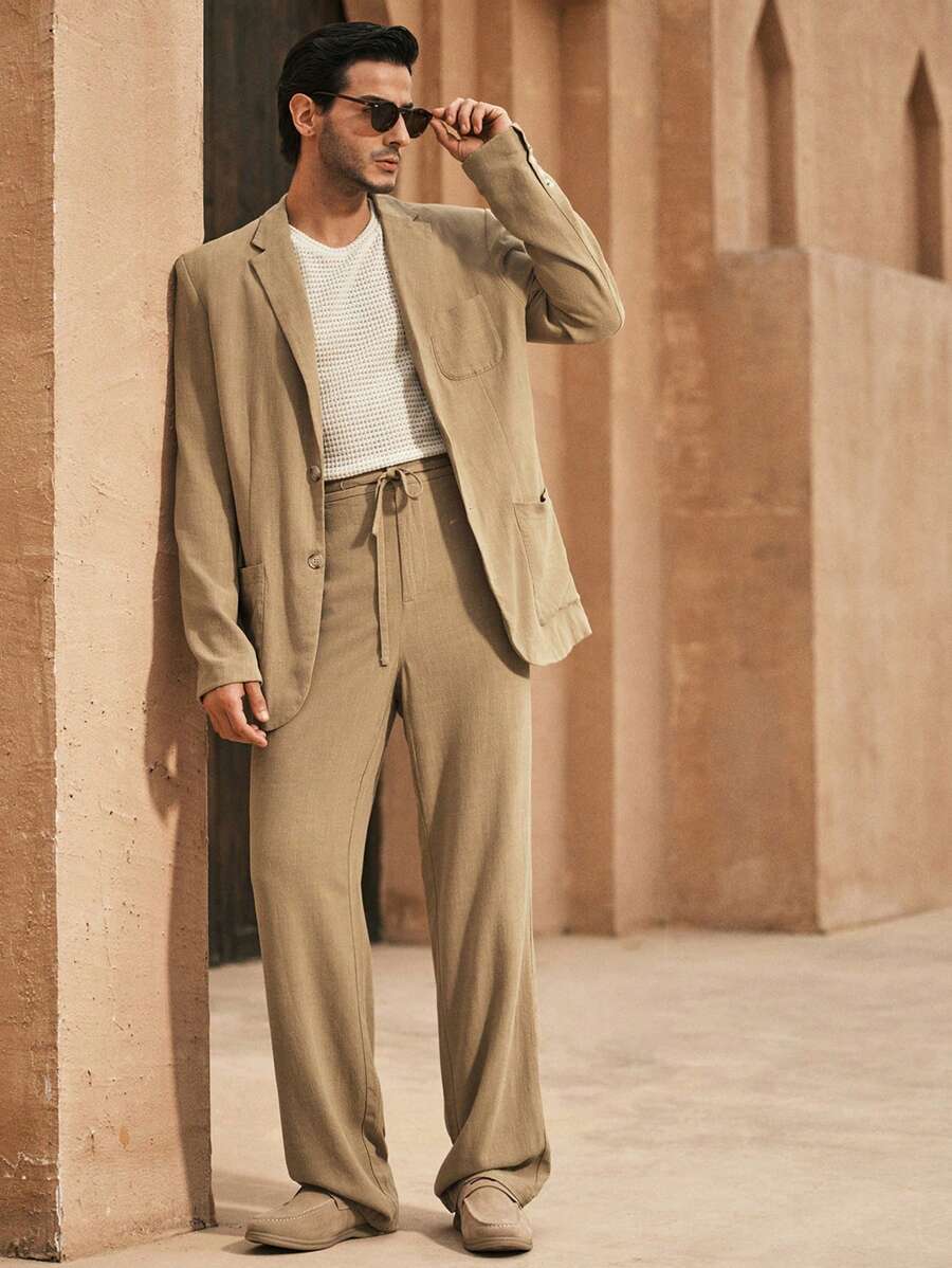 Manfinity VCAY 2 件套男士梭织修身休闲西装套装，适合日常办公室穿着 - 卡其色 - 查看 1