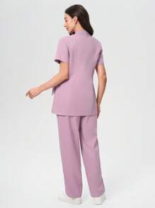 Scrubzie Wrinkle-Resistant Short Sleeve Tie Front Long Shirt And Pants Scrub Uniform Set - Lilac Purple - View 2