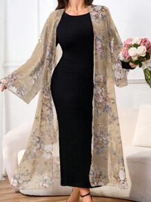 Modelyn Plus Size Solid Color Round Neck Long Sleeve Jumpsuit And Mesh Floral Allover Print Coat 2pcs/Set 2 Pieces Set - Beige - View 1