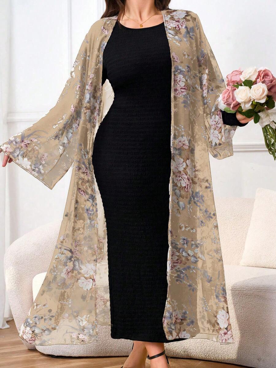 Modelyn Plus Size Solid Color Round Neck Long Sleeve Jumpsuit And Mesh Floral Allover Print Coat 2pcs/Set 2 Pieces Set - Beige - View 1