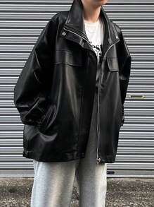 FRIFUL 女士纯色落肩长袖PU皮宽松休闲常规夹克，秋季女式外套 - 黑色 - 查看 2