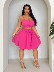 Slaydiva 2pcs Plus Size Women Casual Commuter Vest And A-Line Skirt Set