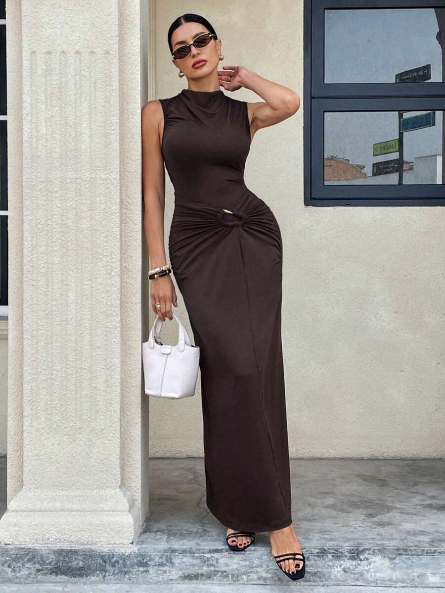 SHEIN Essnce Plus Size Women's Simple Elegant Long Dress, Suitable For Summer - Coffee - View 1