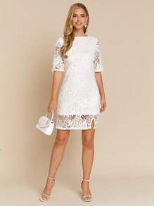 SHEIN Clasi Váy ren hở lưng xẻ tà dành cho nữ, thích hợp cho khách dự tiệc cưới - trắng - Xem 3