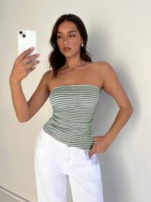 SHEIN EZwear Top corto asimétrico a rayas para mujer para citas y vacaciones