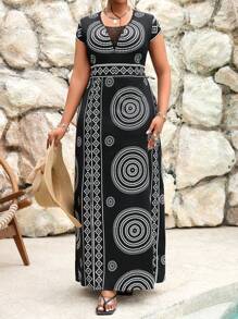 SHEIN Lady Vestidos elegantes de manga larga y corta para la oficina, estilo casual bohemio, de tallas grandes, con cuello en V profundo, contraste de malla, para verano, vacaciones y ocasiones elegantes para mujeres, ropa de mujer estilo bohemio y elegante para la oficina