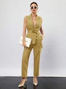 Aveloria Modichic Lapel Neck Belted Vest Blazer & Pants  - Yellow - View 6