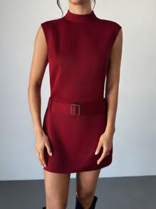 Firerie Vestido nuevo versátil con decoración metálica, manga medio, cintura anudada y diseño de ancla en color rojo