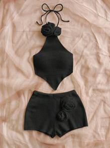 Soleia 2pcs Set Vacation Sexy Handmade 3D Floral Halter Backless Cropped Top And Shorts - Black - View 4