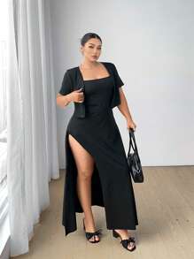 Flirla 2pcs Plus Size Knitted Outfit - Fitted High Slit Cami Dress And Short Sleeve Cardigan, Spring/Summer - Black - View 1