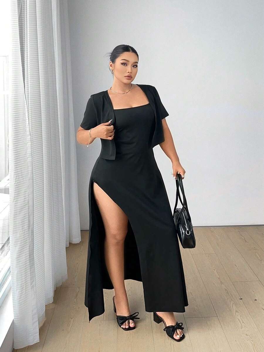 Flirla 2pcs Plus Size Knitted Outfit - Fitted High Slit Cami Dress And Short Sleeve Cardigan, Spring/Summer - Black - View 1