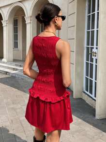 SHEIN Essnce 女士休闲纯色无袖迷你连衣裙 - 紅色 - 查看 2