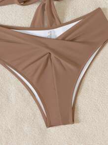 SHEIN Swim Women's Summer Beach Solid Color Halter Tie Front Sexy Bikini 2 Pieces Swimwear Set, Wireless