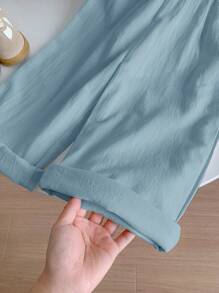 SHEIN LMoss Kids LMoss Young Girl Young Girl Woven Solid Color Sleeveless Embroidered Loose Casual Strap Jumpsuit - Blue - View 5